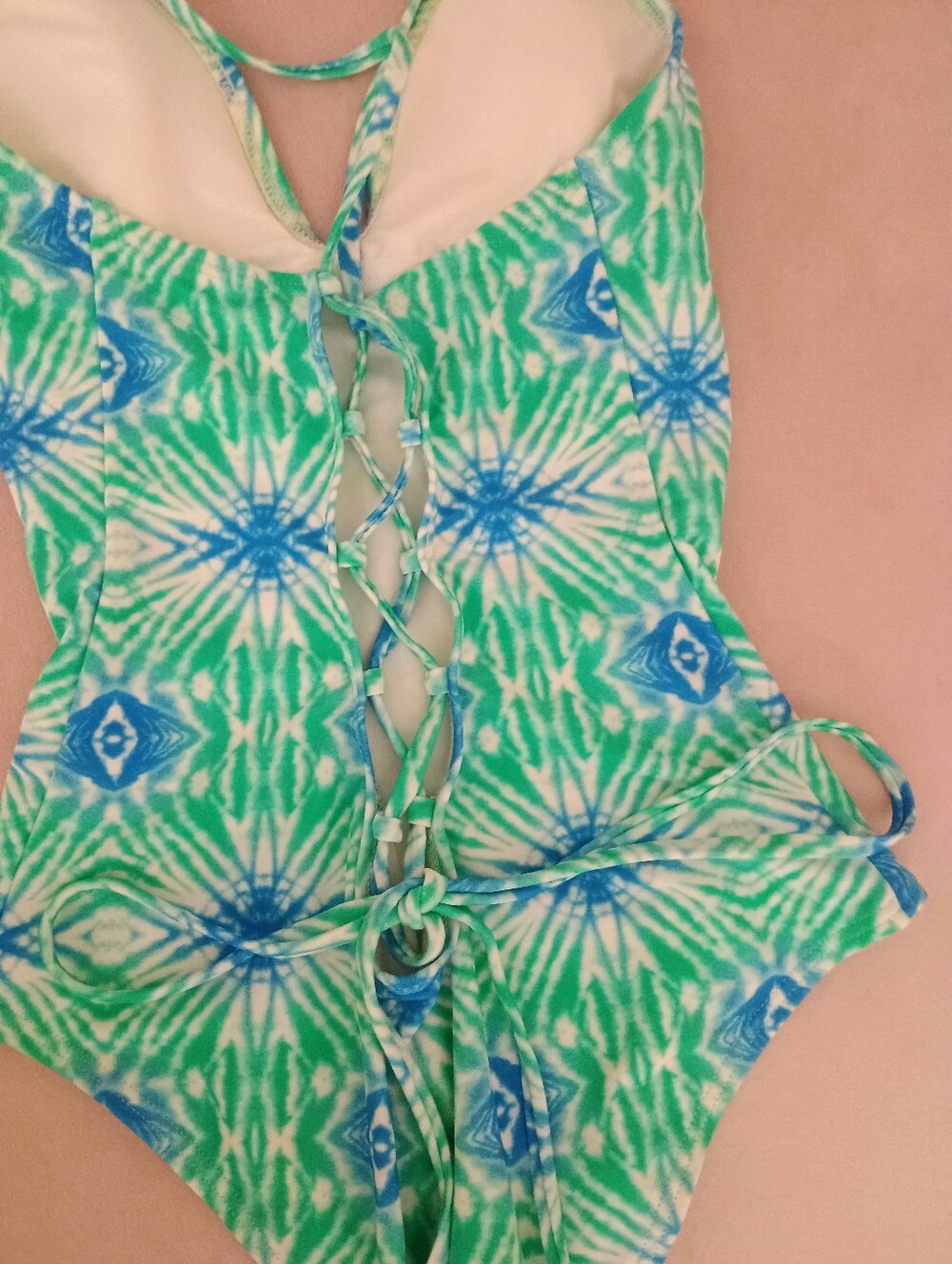 Forever 21 NWT Lace Up Back Green & Blue One-Piece Swimsuit - Picture 3 of 8